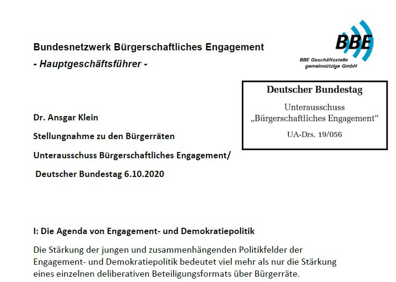 Stellungnahme: Bürgerräte | Bundesnetzwerk Bürgerschaftliches Engagement